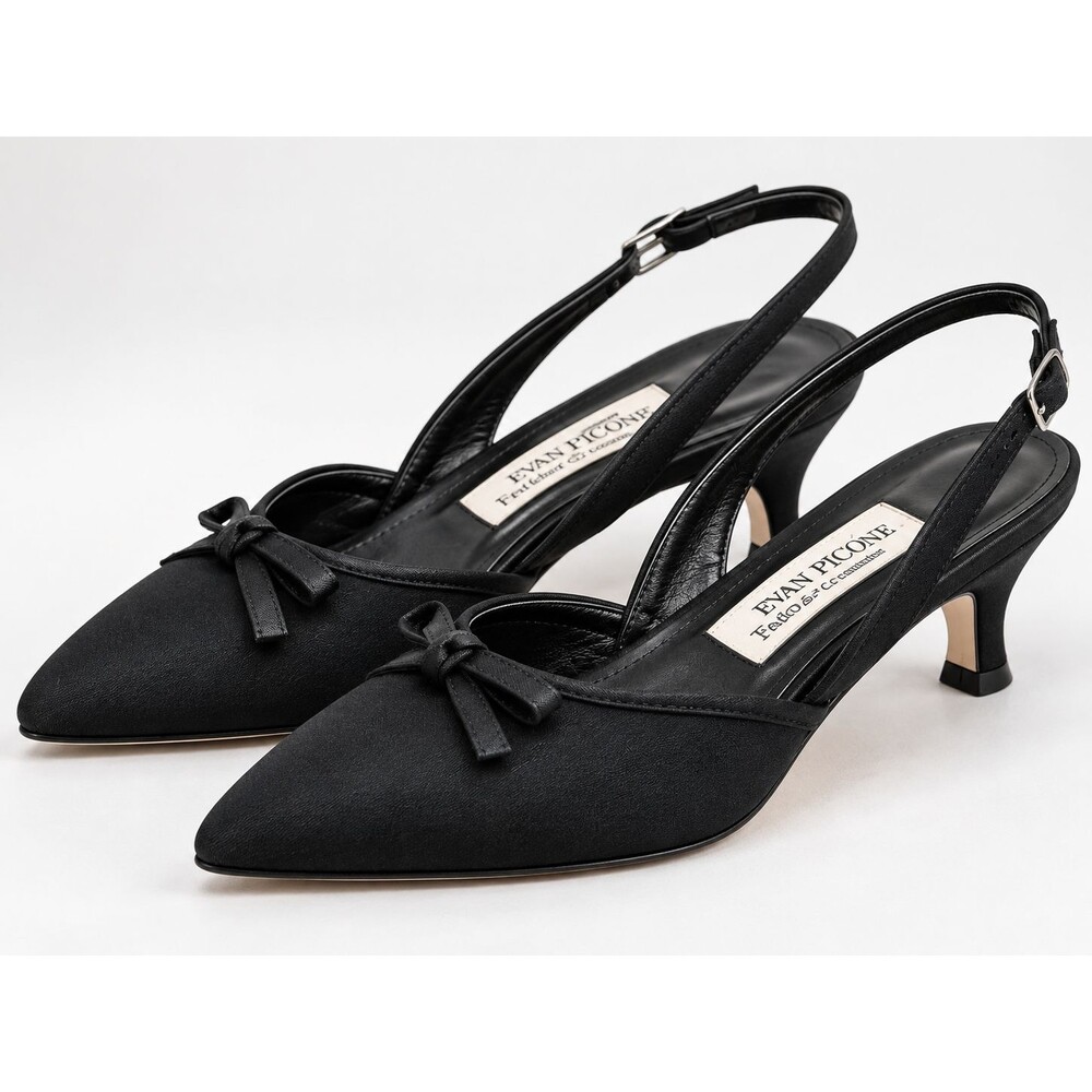 Vintage Evan Picone Black Satin Slingback Pumps 9.5M Bow Heels Made in Spain